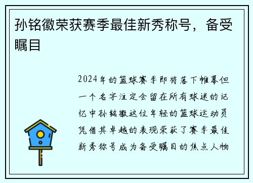 孙铭徽荣获赛季最佳新秀称号，备受瞩目